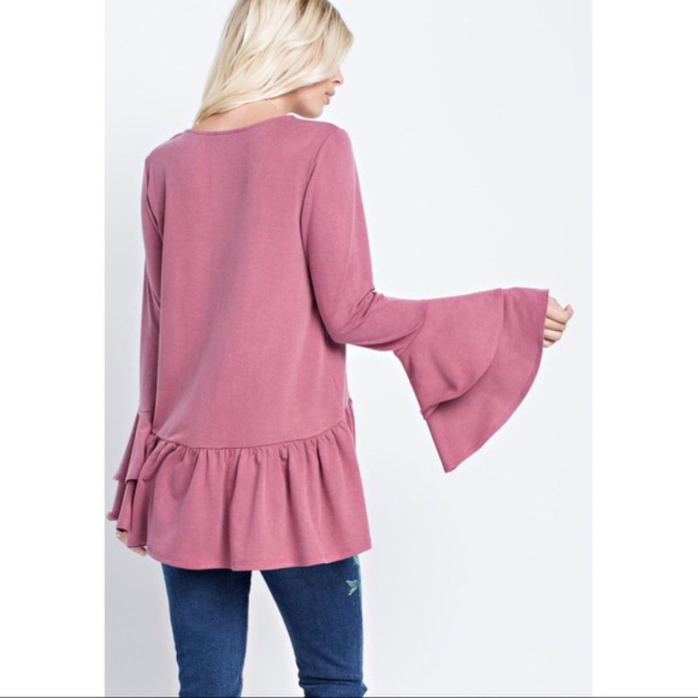 Washed French Terry Boho V-Neck Tunic w Ruffles - Picture 3 of 7